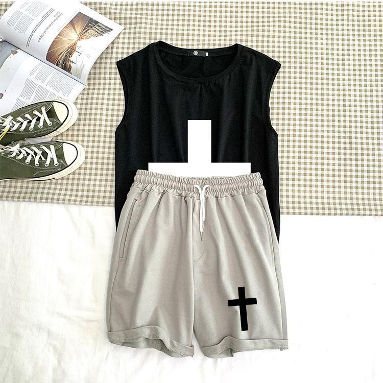 Trendy GD cross summer two piece suit men's and women's casual waistcoat basketball student clothes versatile shorts