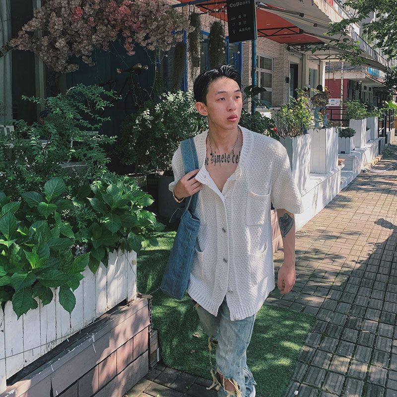 21sist同款男夏季2022新款潮純色簡約顯瘦氣質小眾設計短袖