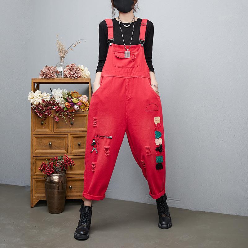 Denim suspenders women's spring and summer age reduction show thin fat mm hole letter embroidery jumpsuit loose harem pants