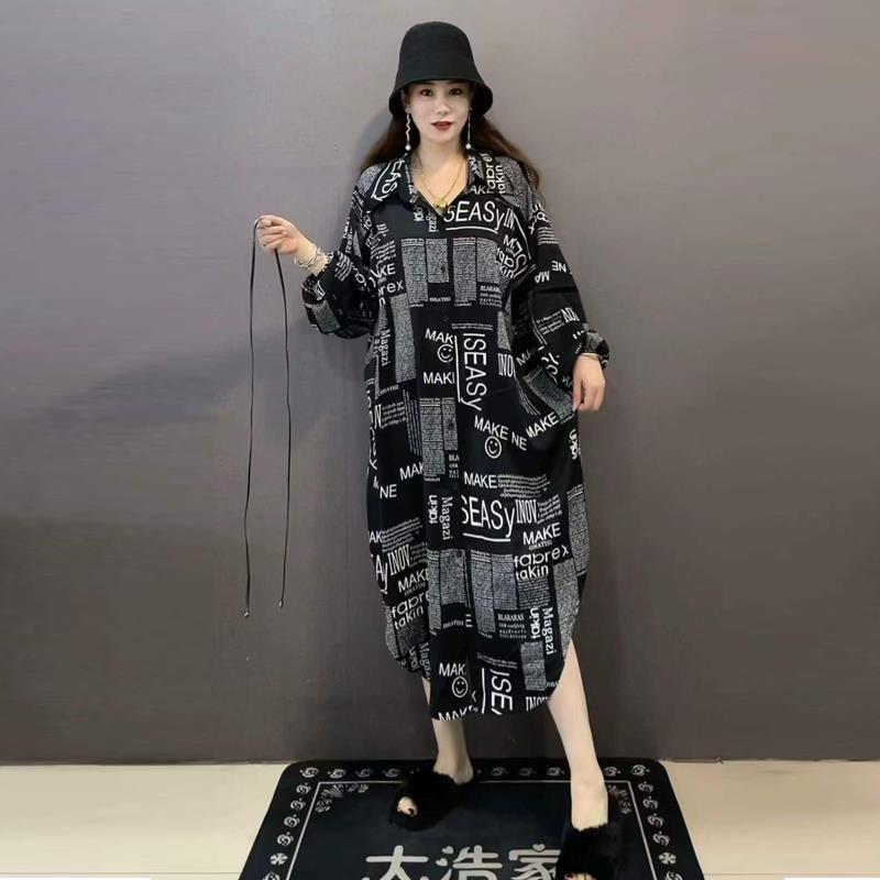 春季韓版新款大襯衫女大碼胖mm200斤件領洋氣收腰中長款襯衫裙潮