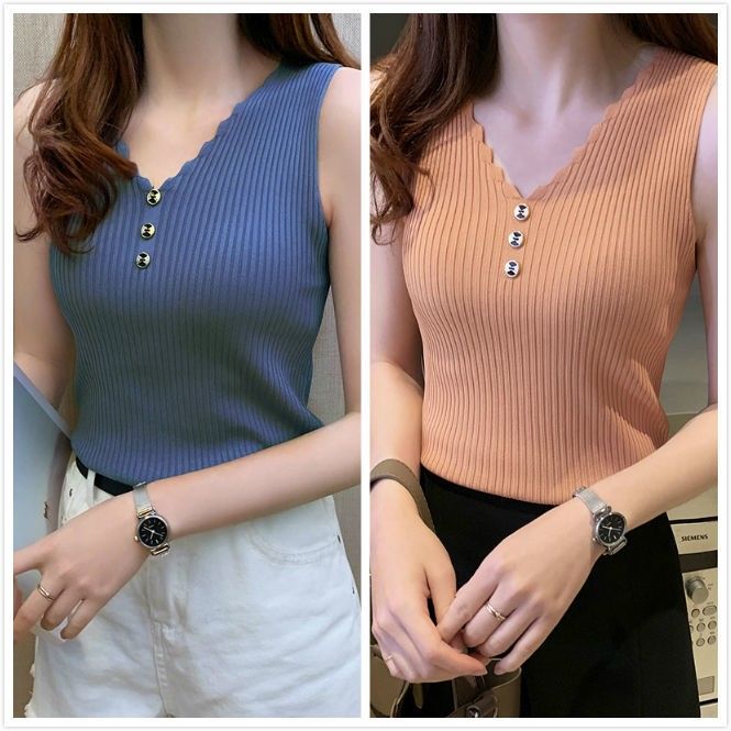 【冰丝背心】【现货现发】夏季无袖女外穿v领针织大码短袖T恤上衣