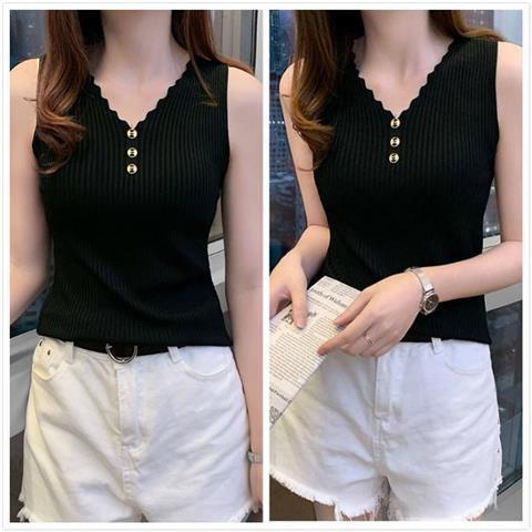 【冰丝背心】【现货现发】夏季无袖女外穿v领针织大码短袖T恤上衣