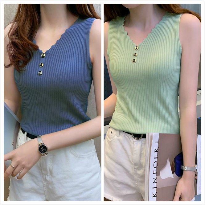 【冰丝背心】【现货现发】夏季无袖女外穿v领针织大码短袖T恤上衣