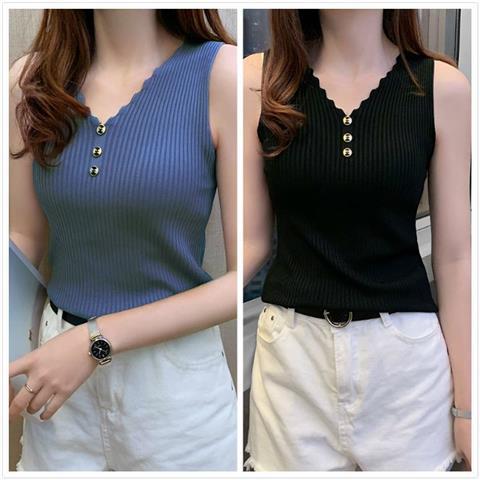 【冰丝背心】【现货现发】夏季无袖女外穿v领针织大码短袖T恤上衣