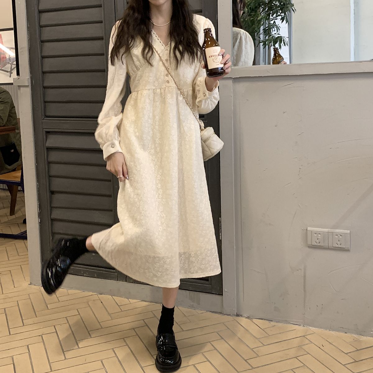 Lace dress Korean style  spring new French style crochet waist with elegant design sense dress for women