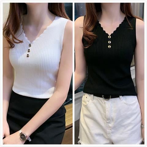【冰丝背心】【现货现发】夏季无袖女外穿v领针织大码短袖T恤上衣