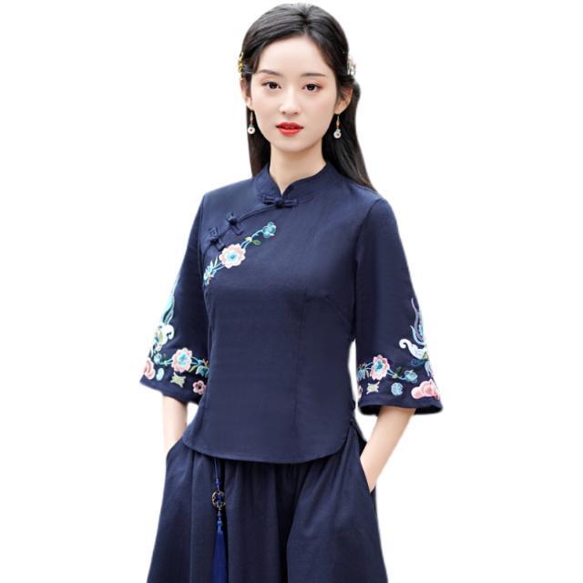 单件/套装中国风汉服唐装茶服民族风女装盘扣七分袖棉麻绣花上衣