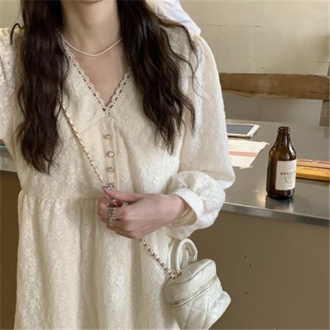 Lace dress Korean style  spring new French style crochet waist with elegant design sense dress for women