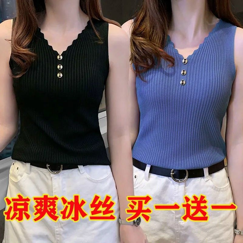 【冰丝背心】【现货现发】夏季无袖女外穿v领针织大码短袖T恤上衣