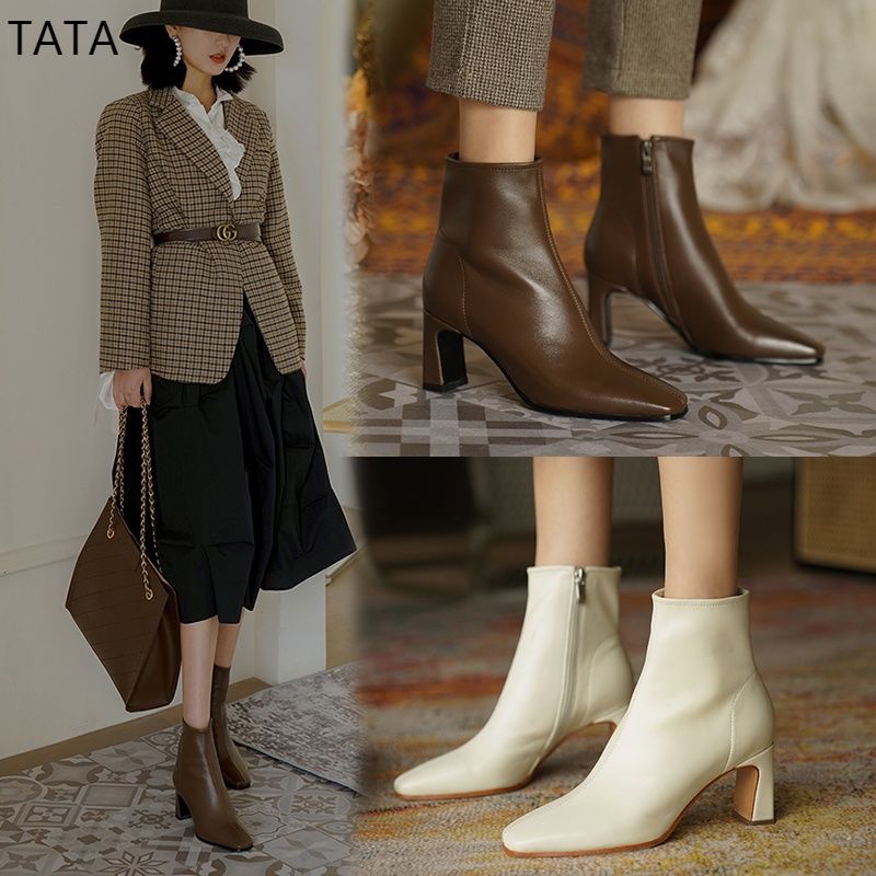 tata sma弹力短靴女2022春秋新款小跟鞋细高跟时装鞋方头短筒及裸