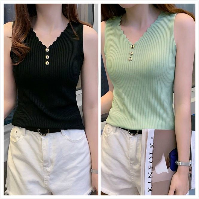 【冰丝背心】【现货现发】夏季无袖女外穿v领针织大码短袖T恤上衣