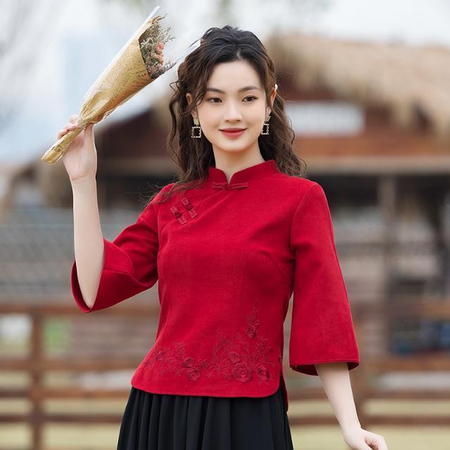 单件/套装中国风汉服短旗袍女茶服民族风中式盘扣绣花七分袖上衣