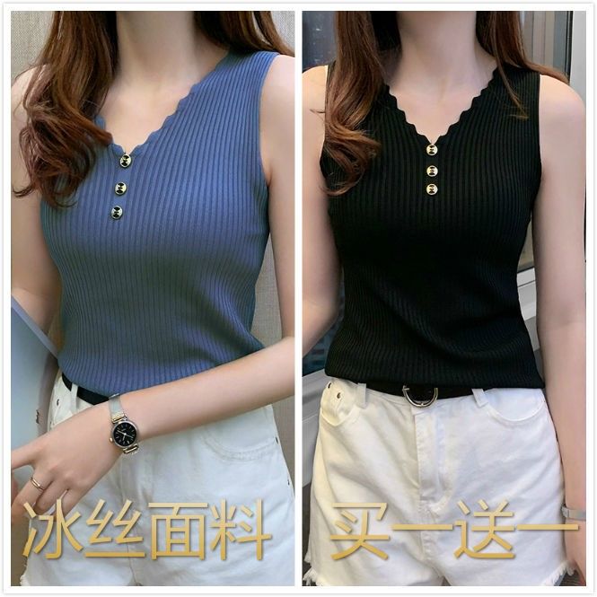 【冰丝背心】【现货现发】夏季无袖女外穿v领针织大码短袖T恤上衣