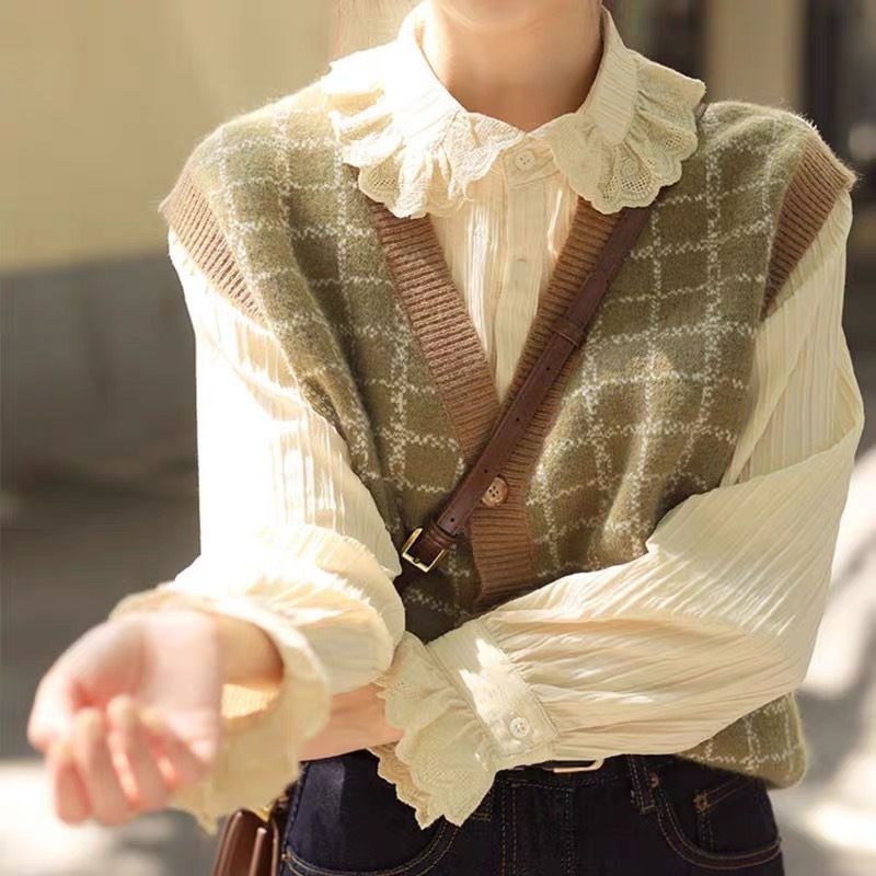 French retro plaid knitted cardigan vest female spring and autumn vest layered sweater jacket 2022 spring