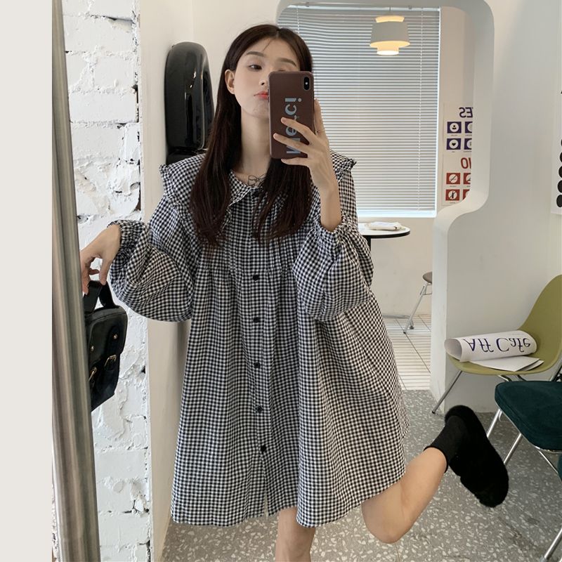Black and white checkered doll collar dress women's spring 2022 new retro French style slimming belly long-sleeved shirt skirt
