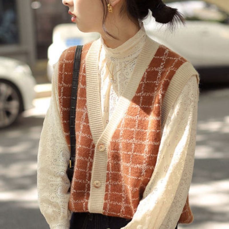 French retro plaid knitted cardigan vest female spring and autumn vest layered sweater jacket 2022 spring