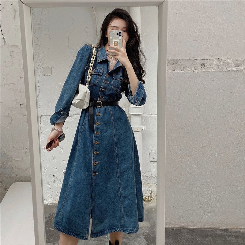 2022 spring new retro lapel single-breasted button waist slimming mid-length long-sleeved a-line denim dress women