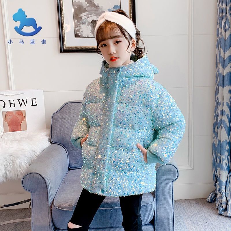 Girls' bread clothes 2020 winter new short sequined down cotton clothes for big children Korean version loose thick cotton clothes