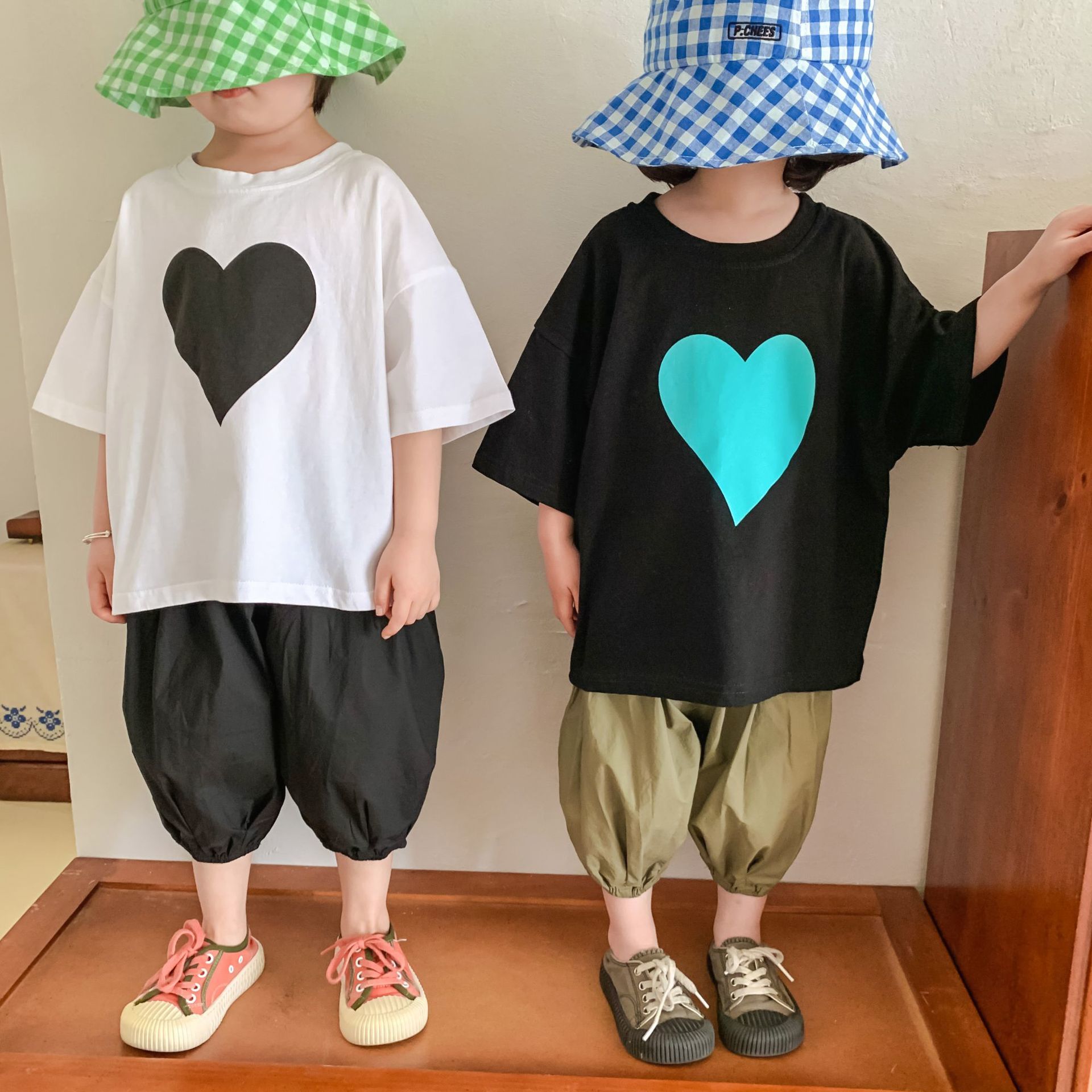 Children's short-sleeved t-shirt boys and girls  summer love print bottoming shirt baby casual top brother and sister outfit tide