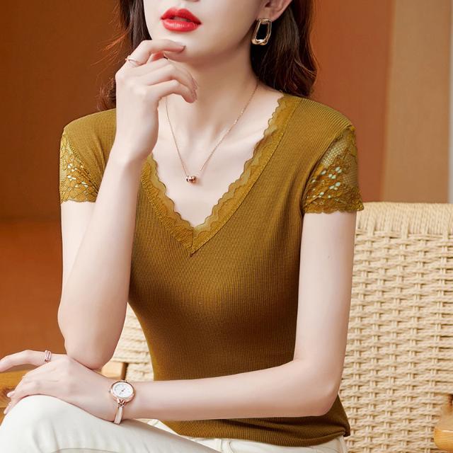 92 cotton high-grade lace V-neck bottoming shirt sexy feminine top western style suit inside and outside short-sleeved T-shirt for women