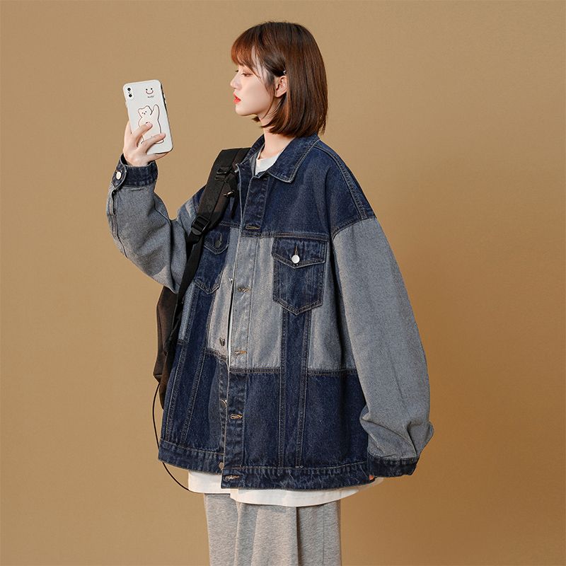 Niche color contrast stitching denim jacket women's spring and autumn retro Hong Kong style jacket Korean version loose Japanese tooling gown tide