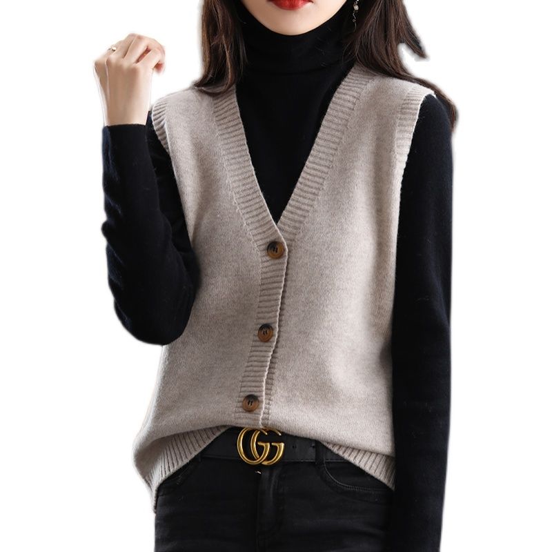 Pure color knitted vest cardigan women's sleeveless knitted vest  early spring new folding sweater over waistcoat women
