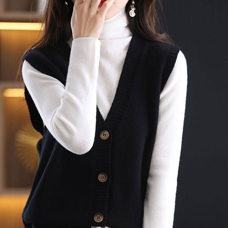Pure color knitted vest cardigan women's sleeveless knitted vest  early spring new folding sweater over waistcoat women