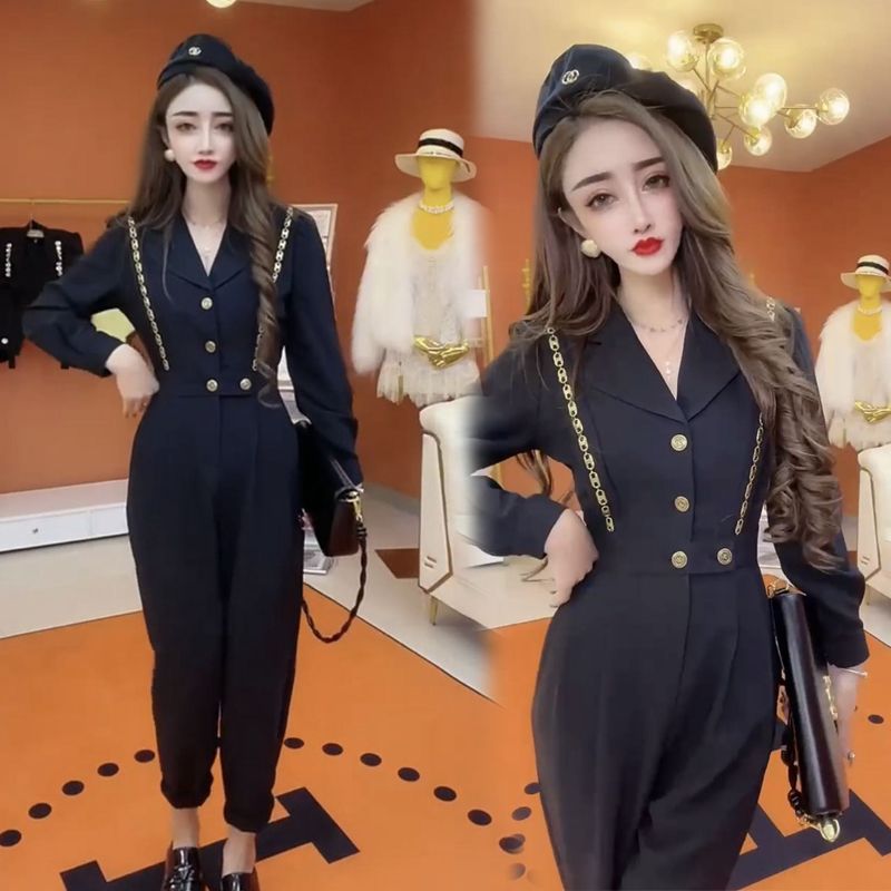 2022 autumn and winter new fashion high waist jumpsuit women's Korean style foreign style thin suit collar jumpsuit tide