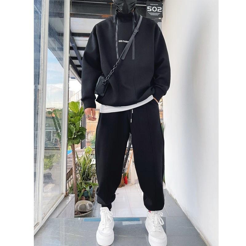 A set of men's clothing youth net red Douyin same style fashion sweater suit men's loose half-open double zipper sportswear trendy