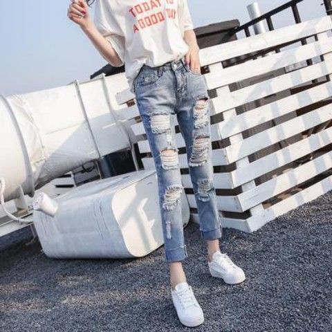 破洞牛仔褲女春夏新款韓版高腰直筒時尚寬鬆大碼拉絲乞丐九分褲潮