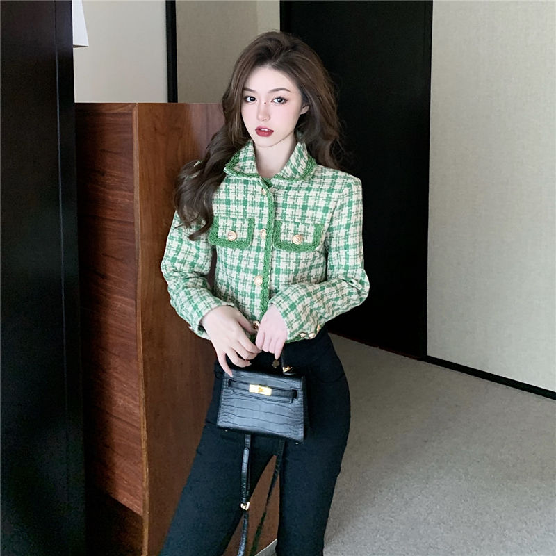 Spring Green Plaid 2022 New Versatile Suit Jacket Women's Thin Section Short Fragrant Style Retro Small Suit