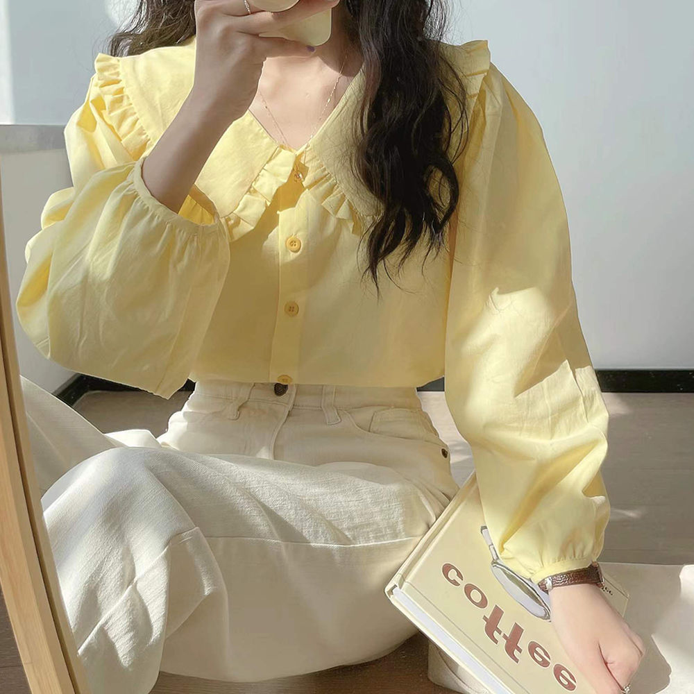 奶黃色長袖襯衫女春季chic法式復古娃娃領上衣設計感小眾奶甜襯衣