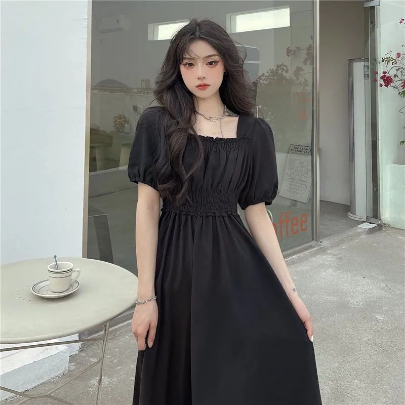 2021 summer new elastic black high-waisted square collar super fairy temperament gentle dress big swing drape waist long skirt