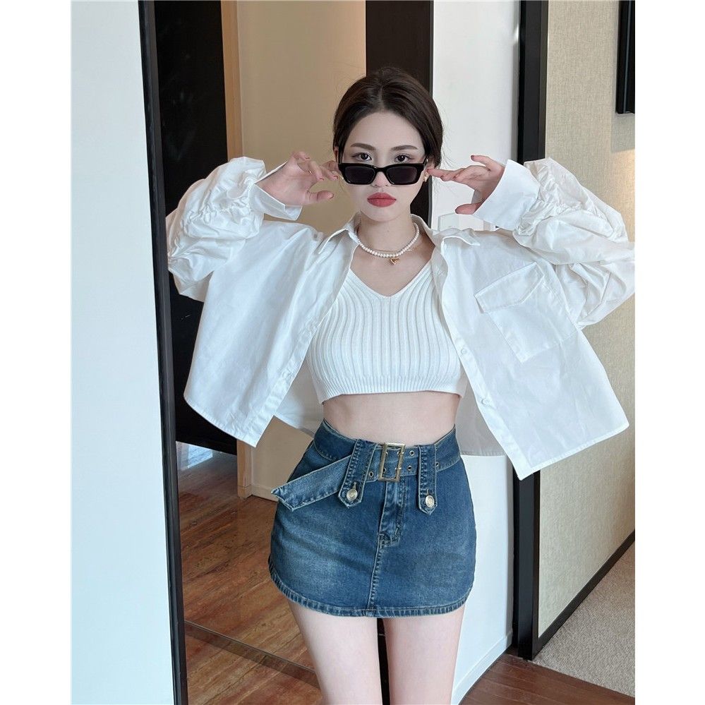 Single / Suit Blue Short polo collar shirt women's summer loose foreign style aging Long Sleeve Top + suspender vest