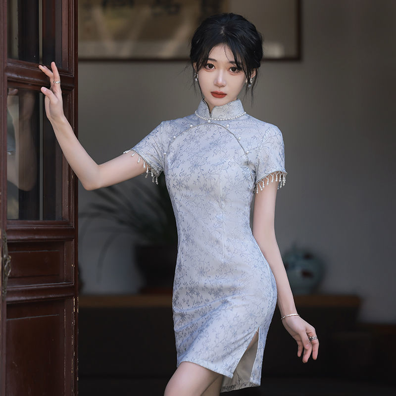 2023年新款女夏季旗袍收腰短款短款小個子中國風紫色新中式連衣裙