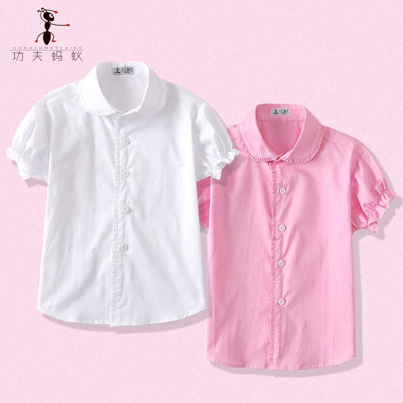 Girls pure cotton half-sleeved white shirt summer primary school students show school uniform big children white short-sleeved shirt 6635