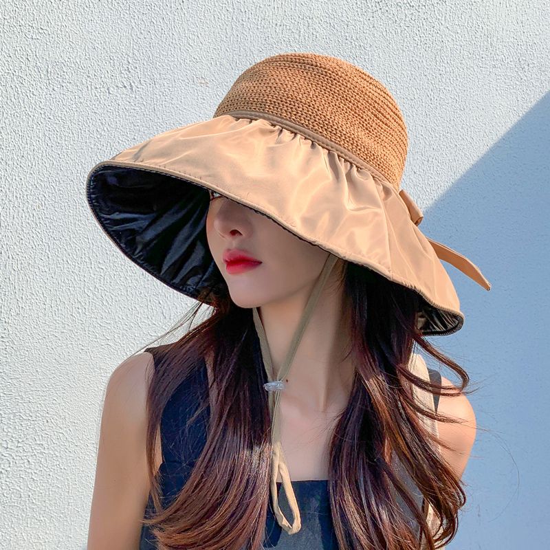 Summer vinyl bowknot sun hat women's hollow straw hat anti-ultraviolet large eaves cover face sunscreen sun fisherman hat