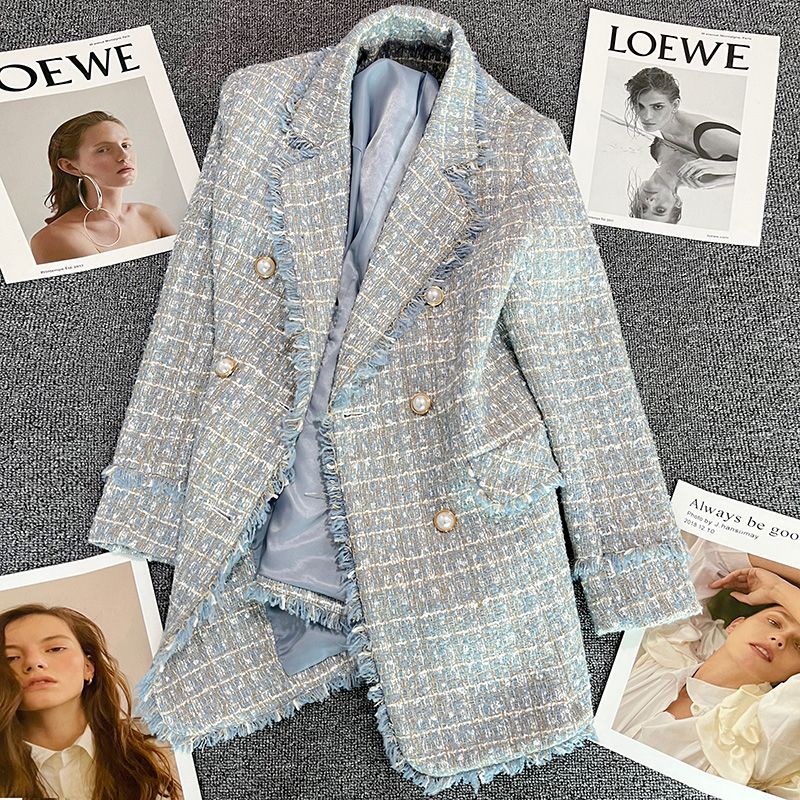 Lake blue small fragrance style suit jacket for women 2023 spring new fat MM 200 pounds double-breasted design suit