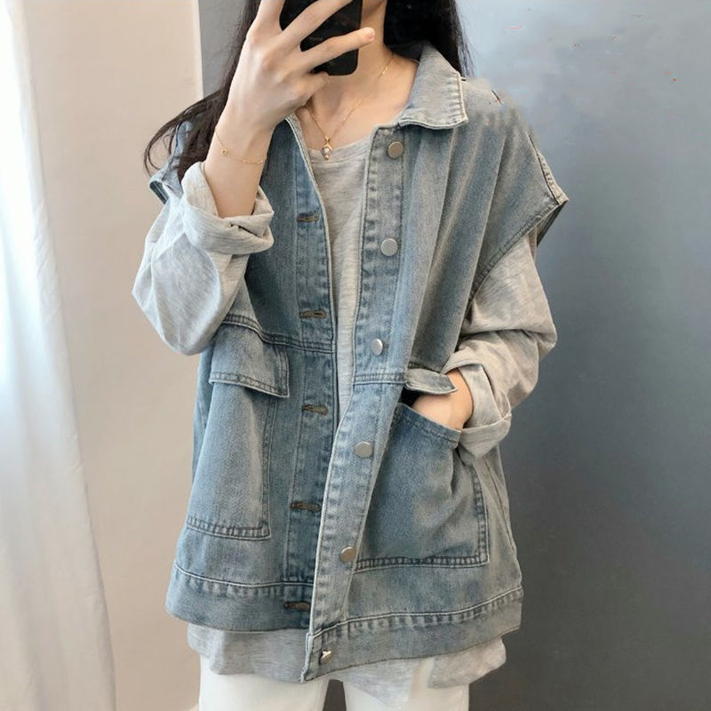 Large size fat sister mm denim vest female 2022 spring and autumn new Korean version of loose tooling vest jacket jacket trendy