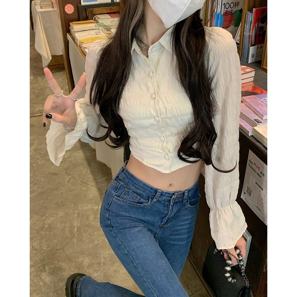 蝴蝶結露背泡泡袖襯衫女夏季薄款設計感小眾短款襯衣防曬長袖上衣