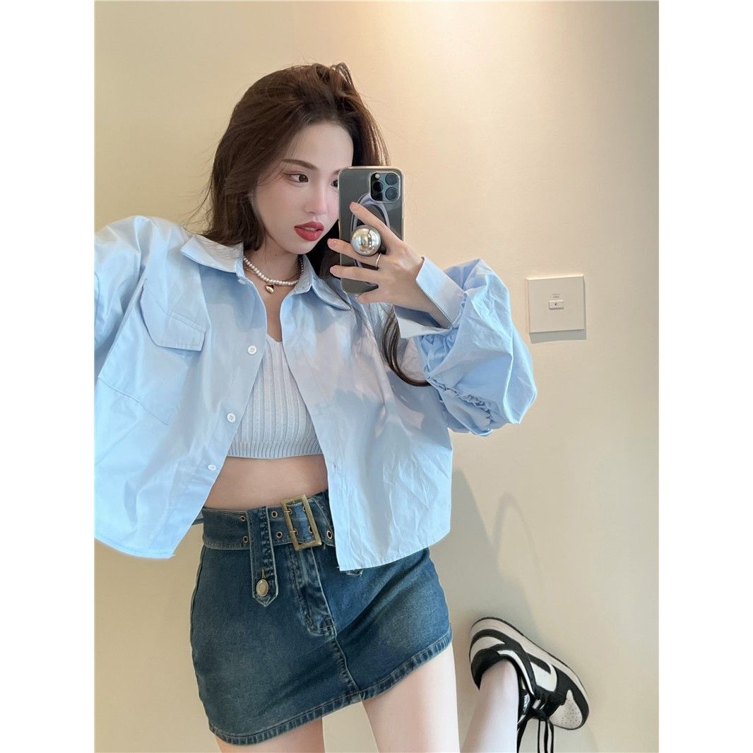 Single / Suit Blue Short polo collar shirt women's summer loose foreign style aging Long Sleeve Top + suspender vest
