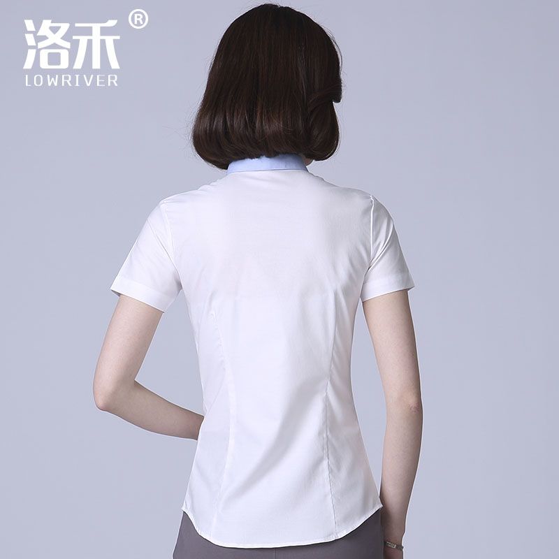 洛禾设计感刺绣白色短袖衬衫女职业2022春夏娃娃领蓝外穿百搭衬衣