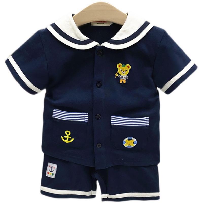 2023 Japanese children's clothing summer male and female baby navy style lapel short-sleeved suit bear casual shorts two-piece set