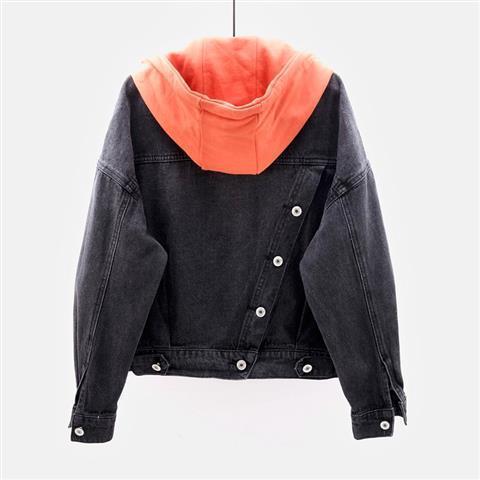 Denim short jacket female loose Korean version short section  spring and autumn BF long-sleeved hooded jacket large pocket all-match top