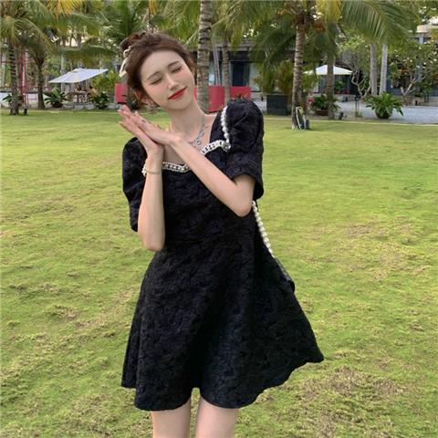 Hepburn style little black dress French dress waist ladies summer  new short-sleeved temperament small skirt women's clothing