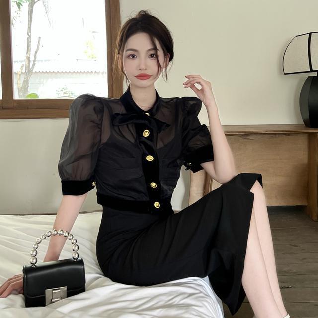 French style puff sleeve chiffon shirt women's spring design sense niche bow temperament self-cultivation mesh shirt top