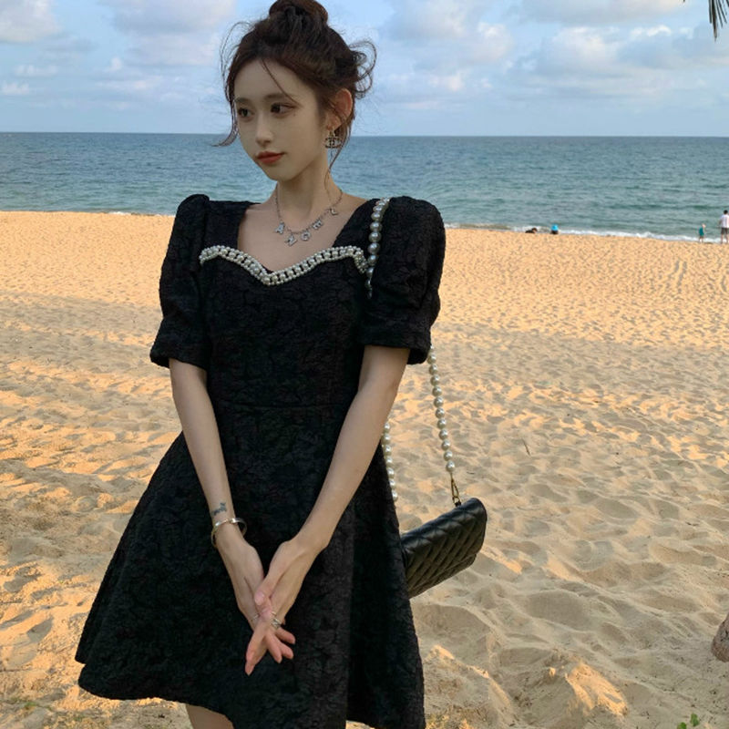 Hepburn style little black dress French dress waist ladies summer  new short-sleeved temperament small skirt women's clothing