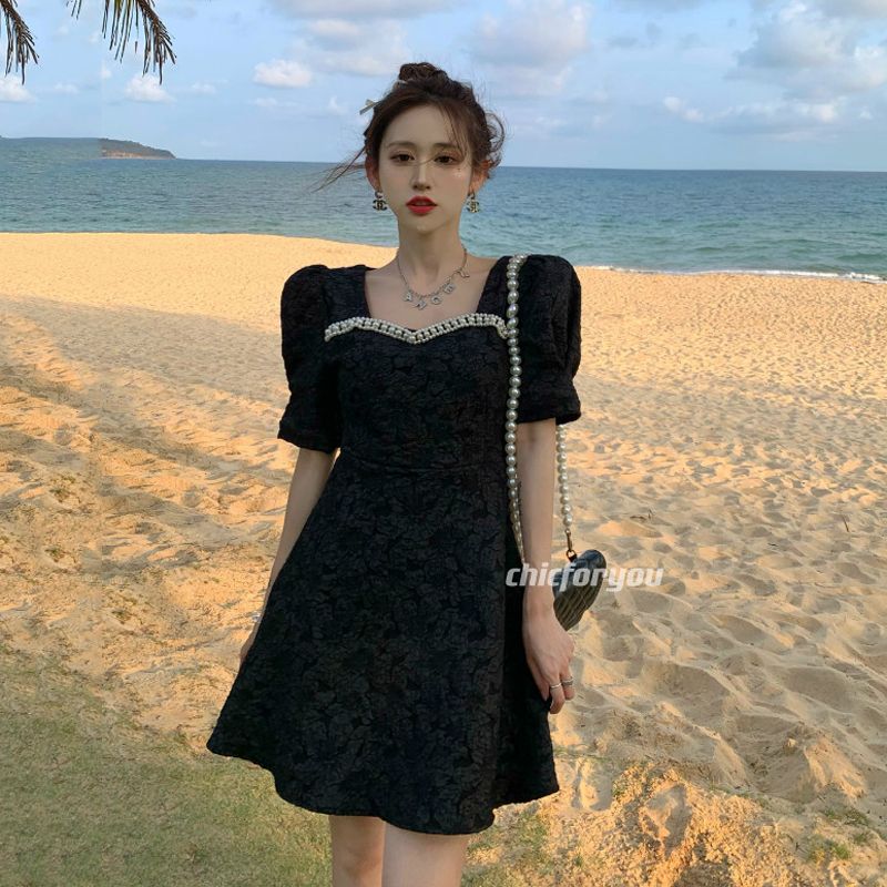 Hepburn style little black dress French dress waist ladies summer  new short-sleeved temperament small skirt women's clothing