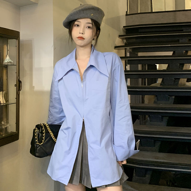 Blue double zipper shirt women's design niche spring and autumn 2022 new style chic high-end long-sleeved tops
