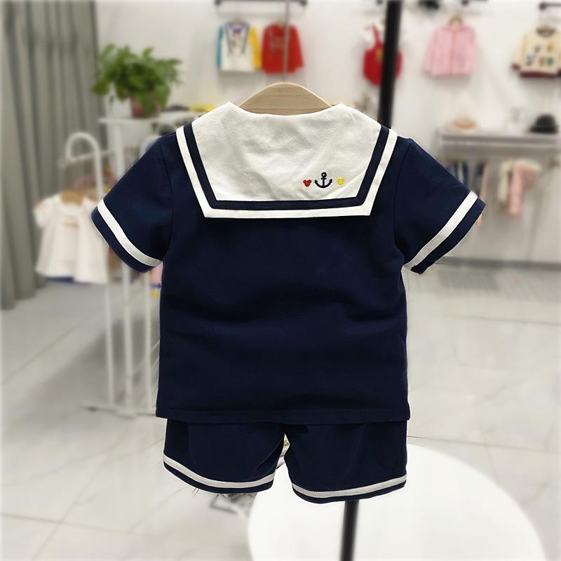 2023 Japanese children's clothing summer male and female baby navy style lapel short-sleeved suit bear casual shorts two-piece set